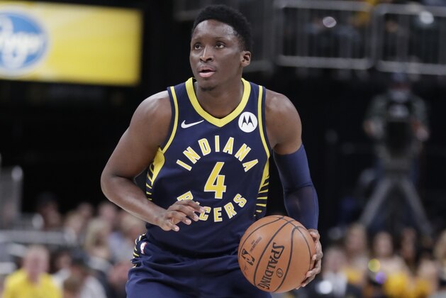 Indiana Pacers guard Victor Oladipo (4) plays against the Charlotte Hornets during the second half of an NBA basketball game in Indianapolis, Sunday, Jan. 20, 2019. The Pacers defeated the Hornets 120-95.(AP Photo/Michael Conroy)