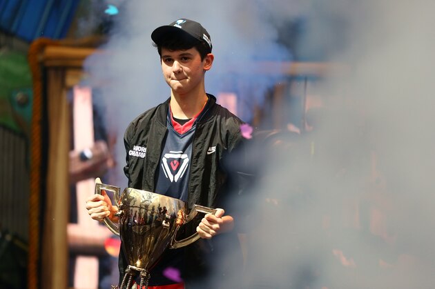 NEW YORK, NEW YORK - JULY 28: Kyle “Bugha” Giersdorf celebrates after winning the Fortnite World Cup solo final at Arthur Ashe Stadium on July 28, 2019 in New York City. (Photo by Mike Stobe/Getty Images)