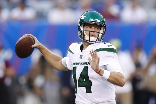 New York Jets quarterback Sam Darnold throws a pass during the first half of a preseason NFL football game against the New York Giants Thursday, Aug. 8, 2019, in East Rutherford, N.J. (AP Photo/Michael Owens)