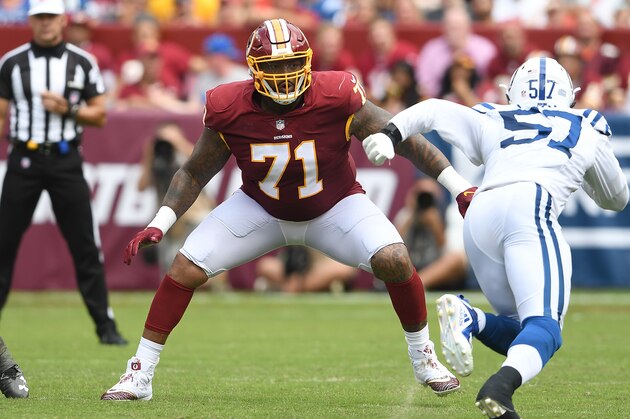 LANDOVER, MD - SEPTEMBER 16:  Trent Williams #71 of the Washington Redskins blocks against the Indianapolis Colts at FedExField on September 16, 2018 in Landover, Maryland.  (Photo by G Fiume/Getty Images)