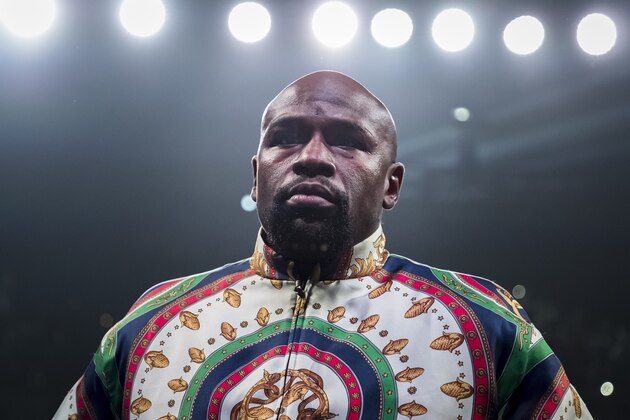 BALTIMORE, MD - JULY 27: Fight promoter and retired professional boxer Floyd Mayweather Jr. in the ring before the WBA super featherweight championship fight between Gervonta Davis and Ricardo Nunez at Royal Farms Arena on July 27, 2019 in Baltimore, Maryland. (Photo by Scott Taetsch/Getty Images)
