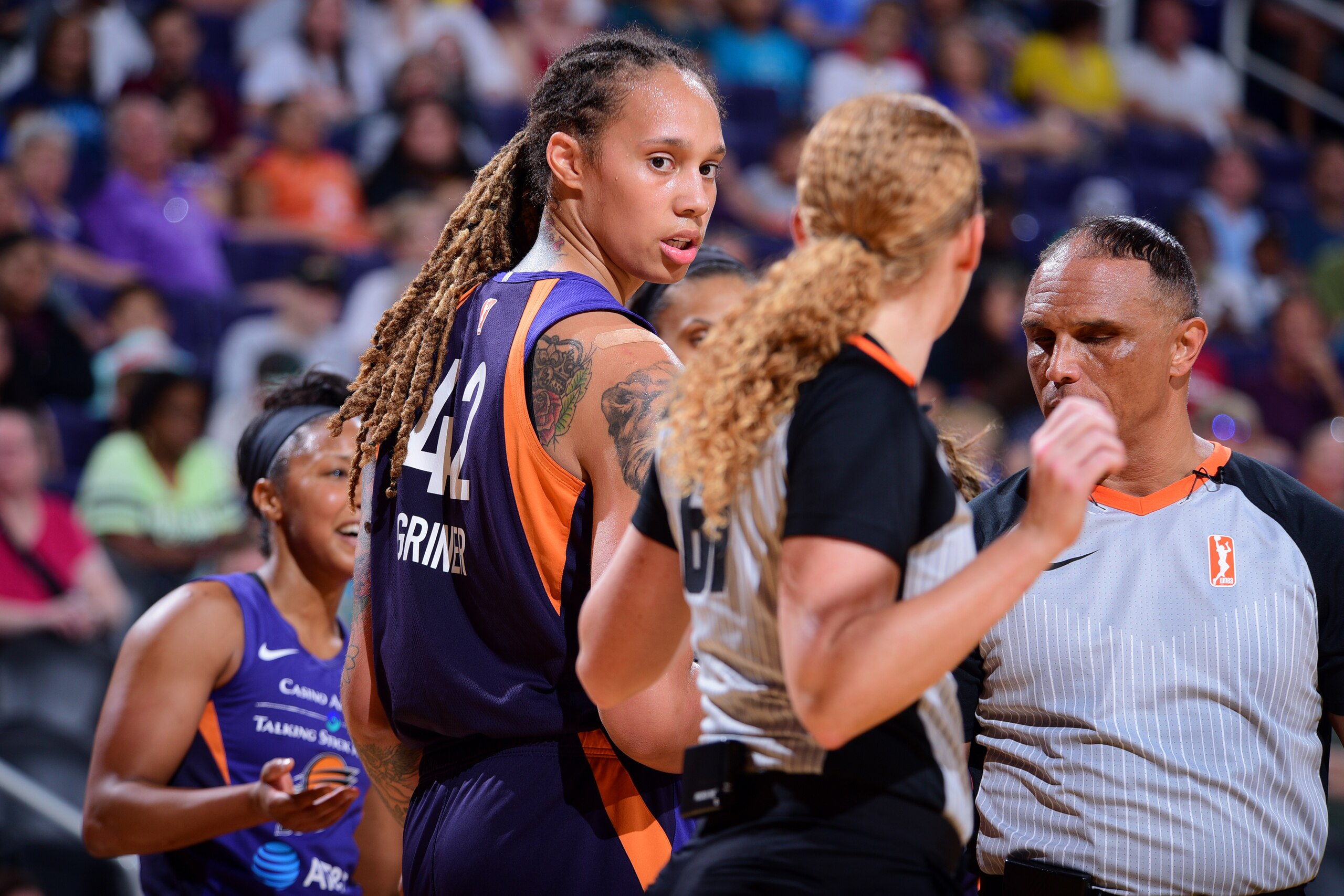 PHOENIX, AZ- AUGUST 10: Brittney Griner #42 of the Phoenix Mercury looks on during the game against the Dallas Wings on August 10, 2019 at the Talking Stick Resort Arena, in Phoenix, Arizona. NOTE TO USER: User expressly acknowledges and agrees that, by downloading and or using this photograph, User is consenting to the terms and conditions of the Getty Images License Agreement. Mandatory Copyright Notice: Copyright 2019 NBAE (Photo by Michael Gonzales/NBAE via Getty Images) PHOENIX, AZ- AUGUST 10: Brittney Griner #42 of the Phoenix Mercury looks on during the game against the Dallas Wings on August 10, 2019 at the Talking Stick Resort Arena, in Phoenix, Arizona. NOTE TO USER: User expressly acknowledges and agrees that, by downloading and or using this photograph, User is consenting to the terms and conditions of the Getty Images License Agreement. Mandatory Copyright Notice: Copyright 2019 NBAE (Photo by Michael Gonzales/NBAE via Getty Images)