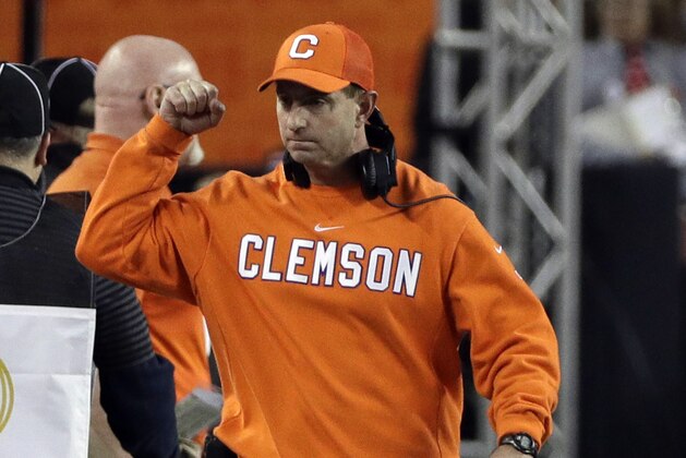 Clemson head coach Dabo Swinney reacts after a touchdown during the first half the NCAA college football playoff championship game against Alabama, Monday, Jan. 7, 2019, in Santa Clara, Calif. (AP Photo/David J. Phillip)
