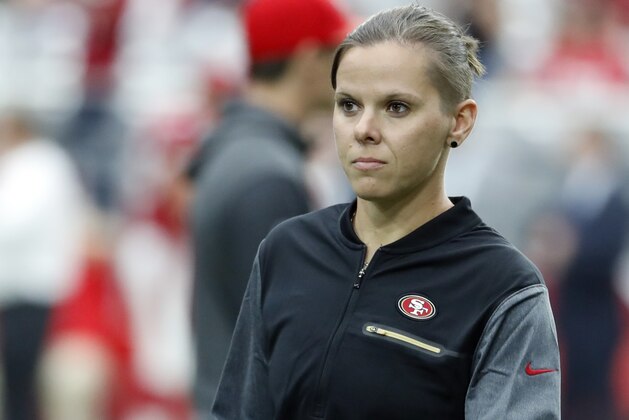 San Francisco 49ers Katie Sowers prior to an NFL football game against the, Sunday, Oct. 1, 2017, in Glendale, Ariz. (AP Photo/Rick Scuteri)