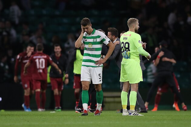 GLASGOW, SCOTLAND - AUGUST 13: Jozo Simunovic of Celtic reacts at full time during the UEFA Champions League, third qualifying round, second leg match between Celtic and CFR Cluj at Celtic Park on August 13, 2019 in Glasgow, Scotland. (Photo by Ian MacNicol/Getty Images)