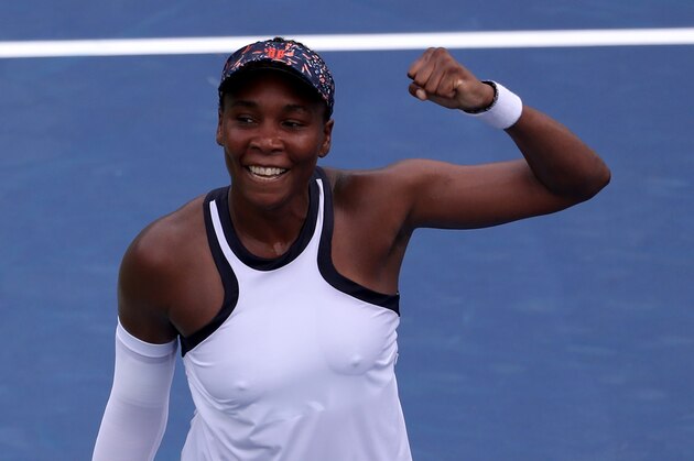 MASON, OHIO - AUGUST 13: Venus Williams of the United States celebrates match point over Kiki Bertens of the Netherlands during Day 4 of the Western and Southern Open at Lindner Family Tennis Center on August 13, 2019 in Mason, Ohio. (Photo by Rob Carr/Getty Images)