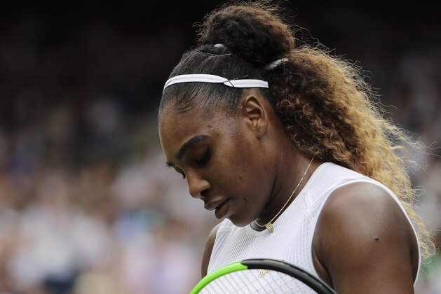 United States' Serena Williams is dejected after losing a point during the women's singles final match against Romania's Simona Halep on day twelve of the Wimbledon Tennis Championships in London, Saturday, July 13, 2019. (AP Photo/Ben Curtis)