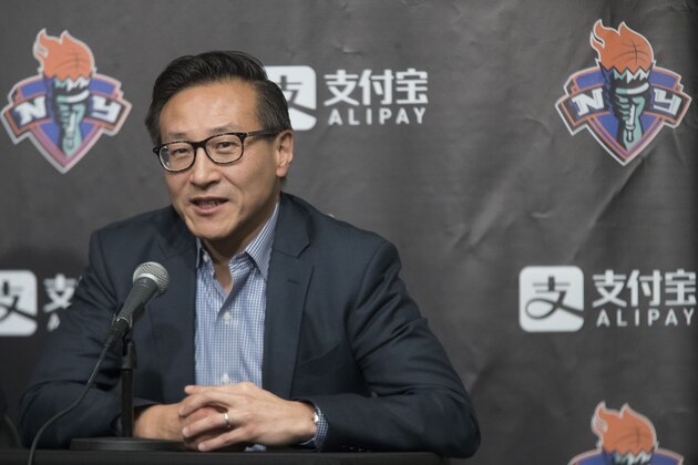 Joe Tsai, co-founder and executive vice chairman of Alibaba Group and the new owner of the New York Liberty, speaks to reporters during a news conference before a WNBA exhibition basketball game between the New York Liberty and China, Thursday, May 9, 2019 in New York. Tsai saw the team's exhibition game against the Chinese national team Thursday night as a chance to grow relations between the two countries. (AP Photo/Mary Altaffer)