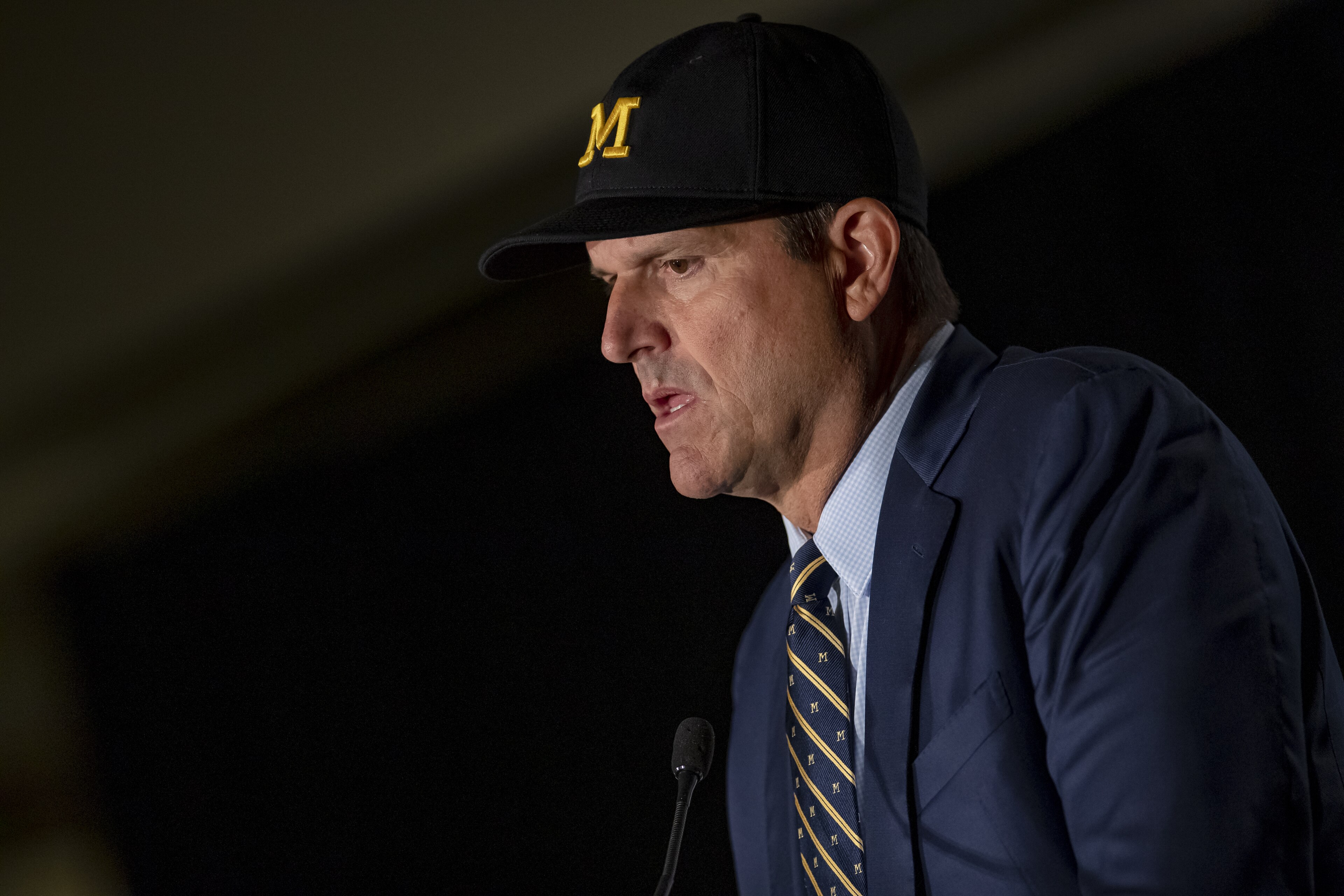 CHICAGO, IL - JUL 19: Michigan Wolverines head coach Jim Harbaugh is seen at Big Ten football media days on July 19, 2019 in Chicago, Illinois. (Photo by Michael Hickey/Getty Images) CHICAGO, IL - JUL 19: Michigan Wolverines head coach Jim Harbaugh is seen at Big Ten football media days on July 19, 2019 in Chicago, Illinois. (Photo by Michael Hickey/Getty Images)
