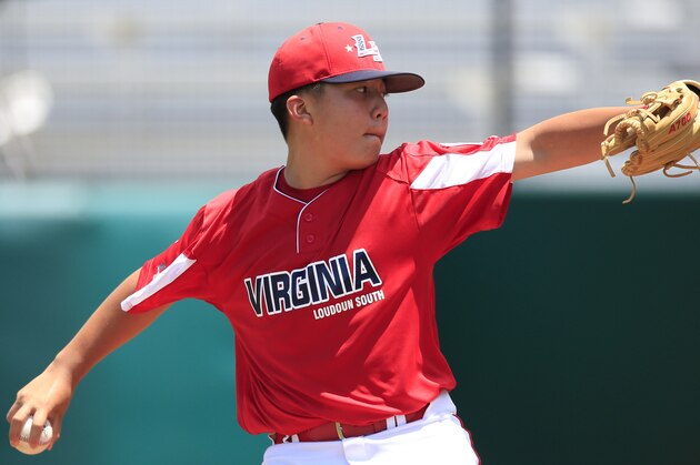 Virginia's Justin Lee #27 pitches during a Little League regional tournament baseball game against North Carolina, Aug. 2, 2019, in Warner Robins, Ga. (AP Photo/Paul Abell)