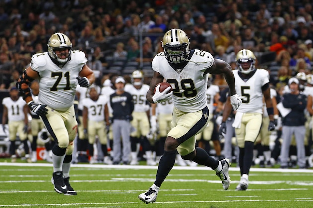 New Orleans Saints running back Latavius Murray (28) carries in the first half of an NFL preseason football game against the Minnesota Vikings in New Orleans, Friday, Aug. 9, 2019. (AP Photo/Butch Dill)