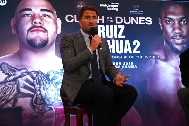 LONDON, ENGLAND - AUGUST 12:  Eddie Hearn, managing director of Matchroom Sport and Omar Khalil, Managing Partner of Skill Challenge Entertainment, official event partner in The Kingdom of Saudi Arabia address a press conference to formally announce 'Clash on the Dunes' at The Savoy hotel on August 12, 2019 in London, England. (Photo by Warren Little/Getty Images)