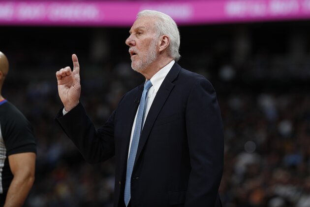 San Antonio Spurs head coach Gregg Popovich in the first half of Game 7 of an NBA basketball first-round playoff series Saturday, April 27, 2019, in Denver. (AP Photo/David Zalubowski)