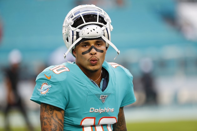 Miami Dolphins wide receiver Kenny Stills stands on the field before a preseason NFL football game against the Atlanta Falcons, Thursday, Aug. 8, 2019, in Miami Gardens, Fla. (AP Photo/Wilfredo Lee)