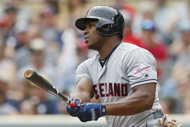 Cleveland Indians' Yasiel Puig bats against the Minnesota Twins in a baseball game Sunday, Aug. 11, 2019, in Minneapolis. (AP Photo/Jim Mone)