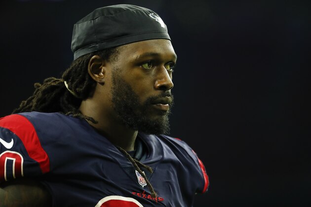 Houston Texans linebacker Jadeveon Clowney (90) after a regular season Week 8 NFL football game between the Miami Dolphins and the Houston Texans on Thursday, Oct. 25, 2018, in Houston. The Texans beat the Dolphins 42-23. (AP Photo/Matt Patterson)