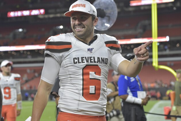 Cleveland Browns quarterback Baker Mayfield walks off the field after an NFL preseason football game against the Washington Redskins, Thursday, Aug. 8, 2019, in Cleveland. Cleveland won 30-10. (AP Photo/David Richard)