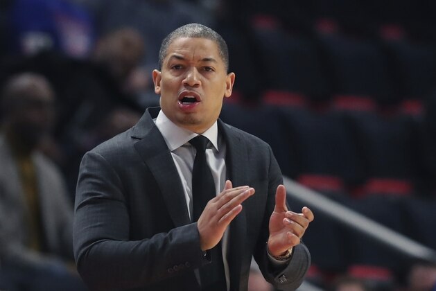 Cleveland Cavaliers head coach Tyronn Lue on the sidelines during the first half of an NBA basketball game against the Detroit Pistons, Thursday, Oct. 25, 2018, in Detroit. (AP Photo/Carlos Osorio)