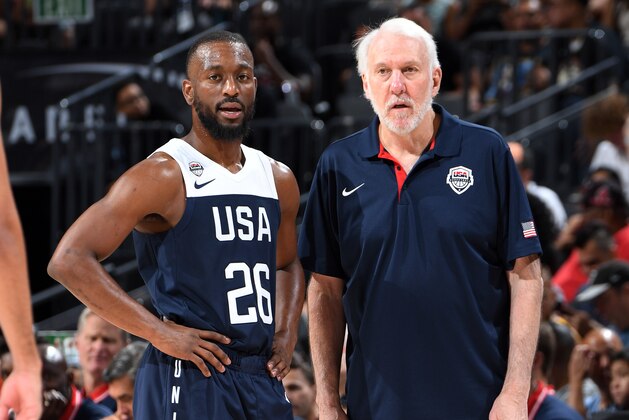 LAS VEGAS, NV - AUGUST 9: Kemba Walker #26 of USA Blue talks to Head Coach Gregg Popovich during the USAB scrimmage on August 9, 2019 at the T-Mobile Arena in Las Vegas Nevada. NOTE TO USER: User expressly acknowledges and agrees that, by downloading and/or using this Photograph, user is consenting to the terms and conditions of the Getty Images License Agreement. Mandatory Copyright Notice: Copyright 2019 NBAE (Photo by Andrew D. Bernstein/NBAE via Getty Images)
