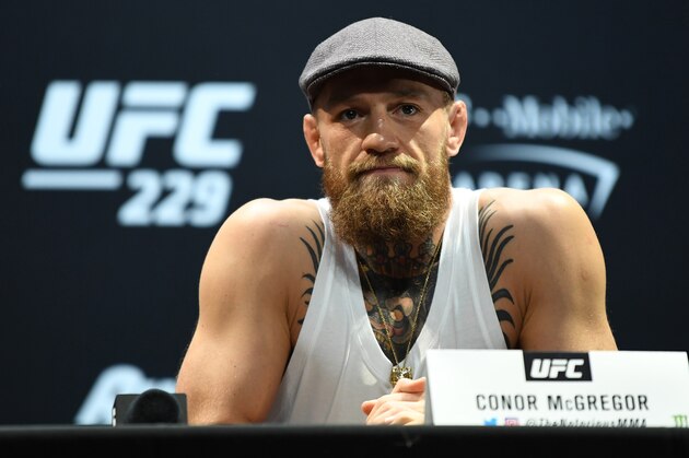 LAS VEGAS, NEVADA - OCTOBER 04:  Conor McGregor speaks during the UFC 229 Press Conference inside The Park Theater at Park MGM on October 4, 2018 in Las Vegas, Nevada. (Photo by Jeff Bottari/Zuffa LLC/Zuffa LLC via Getty Images)