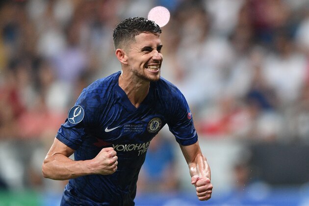 Chelsea's Italian midfielder Jorginho celebrates after scoring a goal during the UEFA Super Cup 2019 football match between FC Liverpool and FC Chelsea at Besiktas Park Stadium in Istanbul on August 14, 2019. (Photo by Bulent KILIC / AFP)        (Photo credit should read BULENT KILIC/AFP/Getty Images)