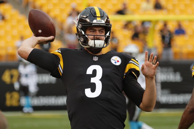 Pittsburgh Steelers quarterback Landry Jones (3) warms up before a pre season NFL football game against the Carolina Panthers in Pittsburgh, Thursday, Aug. 30, 2018. (AP Photo/Keith Srakocic)