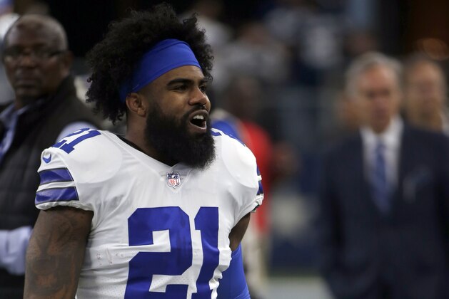 Dallas Cowboys running back Ezekiel Elliott (21) walks onto the field during warm ups before an NFL football game against the Tampa Bay Buccaneers in Arlington, Texas, Sunday, Dec. 23, 2018. (AP Photo/Ron Jenkins)