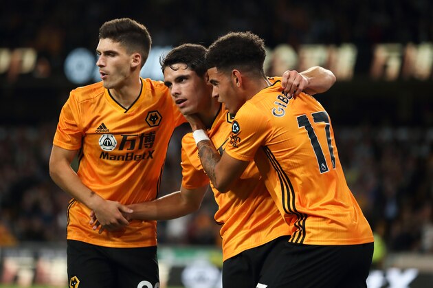WOLVERHAMPTON, ENGLAND - AUGUST 15: Pedro Neto of Wolverhampton Wanderers celebrates after scoring a goal to make it 1-0 during the UEFA Europa League Third Qualifying Round Second Leg between Wolverhampton Wanderers and FC Pyunik at Molineux on August 15, 2019 in Wolverhampton, England. (Photo by James Williamson - AMA/Getty Images)