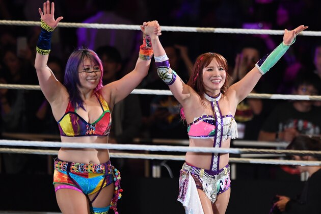 TOKYO,JAPAN - JUNE 29: Asuka and Kairi Sane celebrate the victory during the WWE Live Tokyo at Ryogoku Kokugikan on June 29, 2019 in Tokyo, Japan. (Photo by Etsuo Hara/Getty Images)