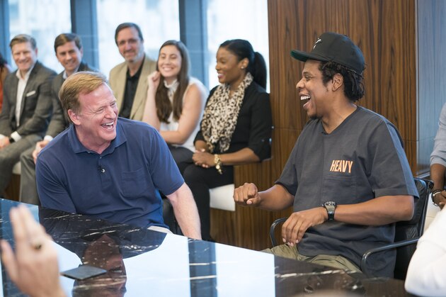 IMAGE DISTRIBUTED FOR NFL - NFL Commissioner Roger Goodell, left, and Jay-Z appear at a news conference at ROC Nation on Wednesday, Aug. 14, 2019 in New York. The NFL and ROC Nation, Jay-Z’s entertainment and sports representation company, announced Tuesday they were teaming up for events and social activism, a deal Jay-Z said had been in the works over the last seven months. (Ben Hider/AP Images for NFL)