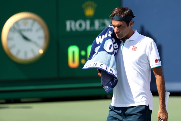 MASON, OHIO - AUGUST 15: Roger Federer of Switzerland looks on during his match with Andrey Rublev of Russia during Day 6 of the Western and Southern Open at Lindner Family Tennis Center on August 15, 2019 in Mason, Ohio. (Photo by Rob Carr/Getty Images)