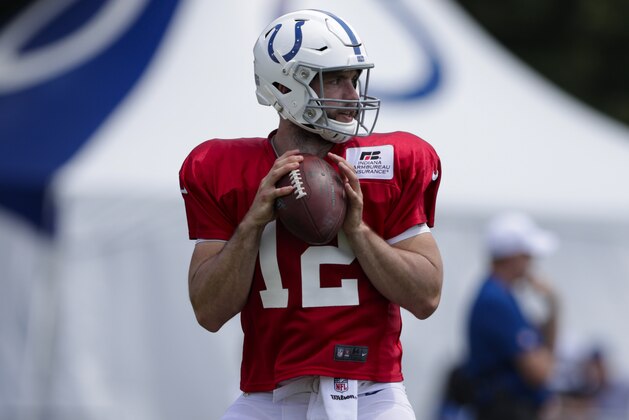Indianapolis Colts quarterback Andrew Luck (12) throws during practice at the NFL team's football training camp in Westfield, Ind., Sunday, July 28, 2019. (AP Photo/Michael Conroy)