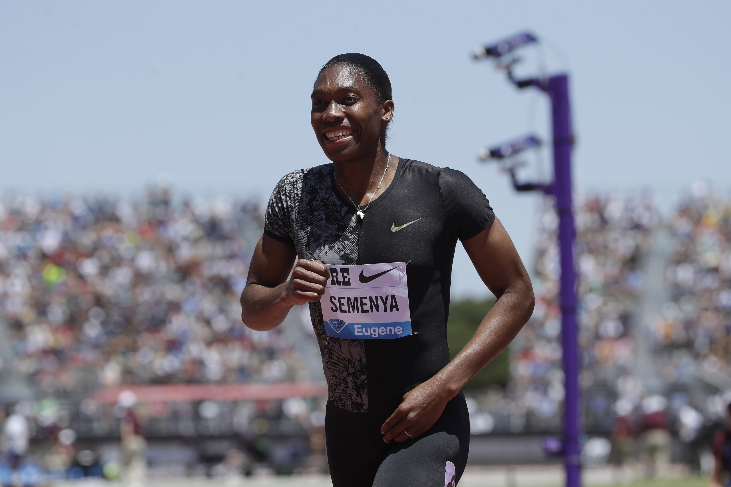 South Africa's Caster Semenya smiles after winning the women's 800-meter race during the Prefontaine Classic, an IAAF Diamond League athletics meeting, in Stanford, Calif., Sunday, June 30, 2019. (AP Photo/Jeff Chiu) South Africa's Caster Semenya smiles after winning the women's 800-meter race during the Prefontaine Classic, an IAAF Diamond League athletics meeting, in Stanford, Calif., Sunday, June 30, 2019. (AP Photo/Jeff Chiu)
