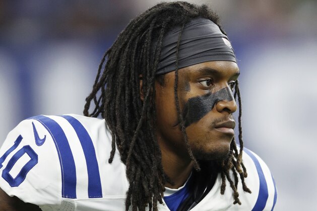 INDIANAPOLIS, IN - AUGUST 20: Daurice Fountain #10 of the Indianapolis Colts looks on during a preseason game against the Baltimore Ravens at Lucas Oil Stadium on August 20, 2018 in Indianapolis, Indiana. (Photo by Joe Robbins/Getty Images)