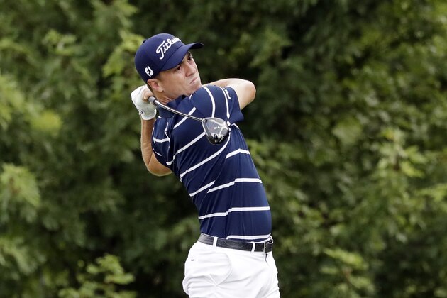 Justin Thomas watches his tee shot on the fifth hole during the first round of the BMW Championship golf tournament at Medinah Country Club, Thursday, Aug. 15, 2019, in Medinah, Ill. (AP Photo/Nam Y. Huh)