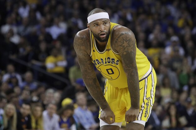 Golden State Warriors center DeMarcus Cousins against the Denver Nuggets during an NBA basketball game in Oakland, Calif., Tuesday, April 2, 2019. (AP Photo/Jeff Chiu)