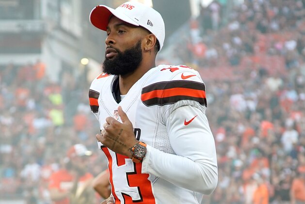 CLEVELAND, OH - AUGUST 8:  Odell Beckham Jr. #13 of the Cleveland Browns walks onto the field prior to the start of the game against the Washington Redskins at FirstEnergy Stadium on August 8, 2019 in Cleveland, Ohio. (Photo by Kirk Irwin/Getty Images)