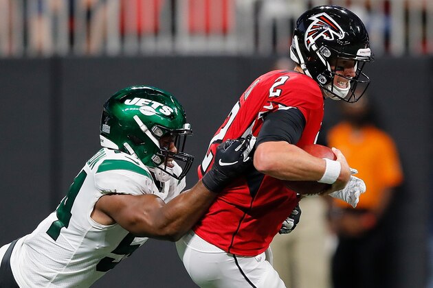 ATLANTA, GEORGIA - AUGUST 15:  Matt Ryan #2 of the Atlanta Falcons is sacked by Avery Williamson #54 of the New York Jets during the first half of the preseason game at Mercedes-Benz Stadium on August 15, 2019 in Atlanta, Georgia. (Photo by Kevin C. Cox/Getty Images)