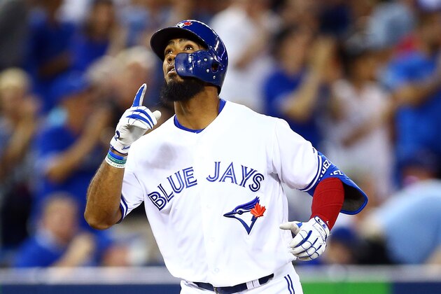 TORONTO, ON - AUGUST 13:  Teoscar Hernandez #37 of the Toronto Blue Jays hits a solo home run in the sixth inning during a MLB game against the Texas Rangers at Rogers Centre on August 13, 2019 in Toronto, Canada.  (Photo by Vaughn Ridley/Getty Images)