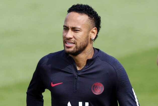 PSG's Neymar attends a training session at Camp des Loges in Saint Germain en Laye, outside Paris, France, Saturday, Aug. 10, 2019. (AP Photo/Francois Mori)