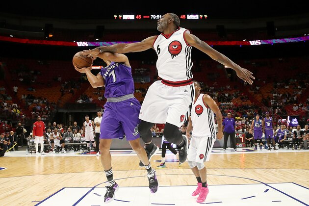 MIAMI, FLORIDA - AUGUST 10:  Qyntel Woods #6 of Trilogy blocks a shot by Alex Scales #7 of the Ghost Ballers during week eight of the BIG3 three on three basketball league at AmericanAirlines Arena on August 10, 2019 in Miami, Florida. (Photo by Mike Ehrmann/BIG3 via Getty Images)