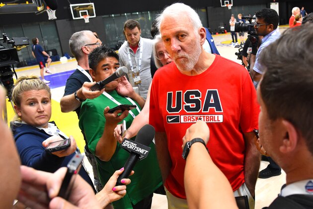 EL SEGUNDO, CA - AUGUST 15: Head coach Gregg Popovich talks to the media after the 2019 USA Men's National Team World Cup training camp practice at UCLA Health Training Center on August 15, 2019 in El Segundo, California.  (Photo by Jayne Kamin-Oncea/Getty Images)