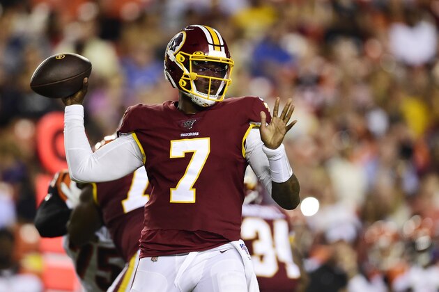 LANDOVER, MD - AUGUST 15: Dwayne Haskins #7 of the Washington Redskins throws a pass in the second quarter against the Cincinnati Bengals during a preseason game at FedExField on August 15, 2019 in Landover, Maryland. (Photo by Patrick McDermott/Getty Images)