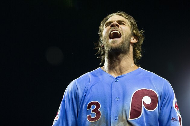 PHILADELPHIA, PA - AUGUST 15: Bryce Harper #3 of the Philadelphia Phillies reacts after hitting a walk-off grand slam against the Chicago Cubs at Citizens Bank Park on August 15, 2019 in Philadelphia, Pennsylvania. The Phillies defeated the Cubs 7-5. (Photo by Mitchell Leff/Getty Images)