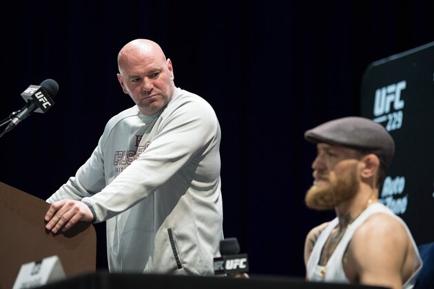 LAS VEGAS, NEVADA - OCTOBER 04:  Dana White looks on as Conor McGregor of Ireland speaks during the UFC 229 Press Conference inside The Park Theater at Park MGM on October 4, 2018 in Las Vegas, Nevada. (Photo by Chris Unger/Zuffa LLC/Zuffa LLC via Getty Images)