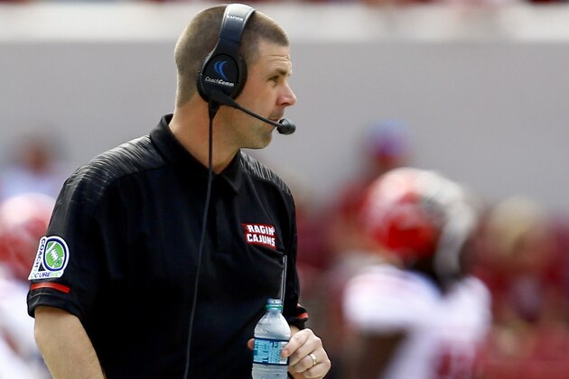 Louisiana-Lafayette head coach Billy Napier walks the sidelines during the first half of an NCAA college football game against Alabama, Saturday, Sept. 29, 2018, in Tuscaloosa, Ala. (AP Photo/Butch Dill)