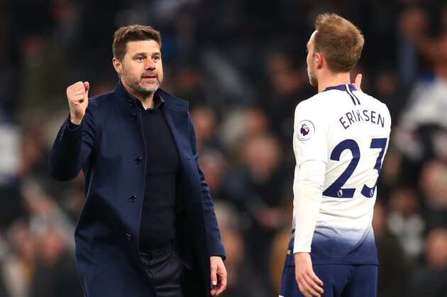 LONDON, ENGLAND - APRIL 03: Mauricio Pochettino, Manager of Tottenham Hotspur celebrates victory with Christian Eriksen of Tottenham Hotspur during the Premier League match between Tottenham Hotspur and Crystal Palace at Tottenham Hotspur Stadium on April 03, 2019 in London, United Kingdom. (Photo by Catherine Ivill/Getty Images)