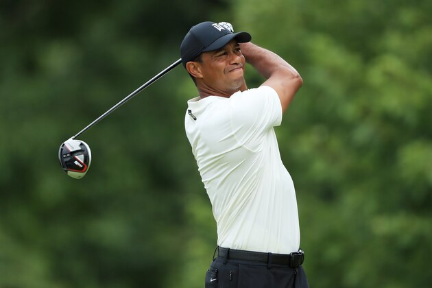 MEDINAH, ILLINOIS - AUGUST 16: Tiger Woods of the United States plays his shot from the fifth tee during the second round of the BMW Championship at Medinah Country Club No. 3 on August 16, 2019 in Medinah, Illinois. (Photo by Sam Greenwood/Getty Images)