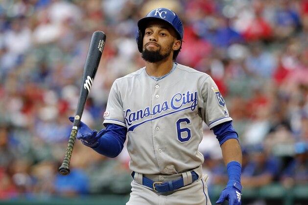 Kansas City Royals' Billy Hamilton flips his bat after striking out in the seventh inning of a baseball game against the Texas Rangers in Arlington, Texas, Saturday, June 1, 2019. (AP Photo/Tony Gutierrez)