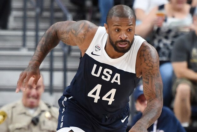 LAS VEGAS, NEVADA - AUGUST 09:  P.J. Tucker #44 of the 2019 USA Men's National Team brings the ball up the court during the 2019 USA Basketball Men's National Team Blue-White exhibition game at T-Mobile Arena on August 9, 2019 in Las Vegas, Nevada.  (Photo by Ethan Miller/Getty Images)